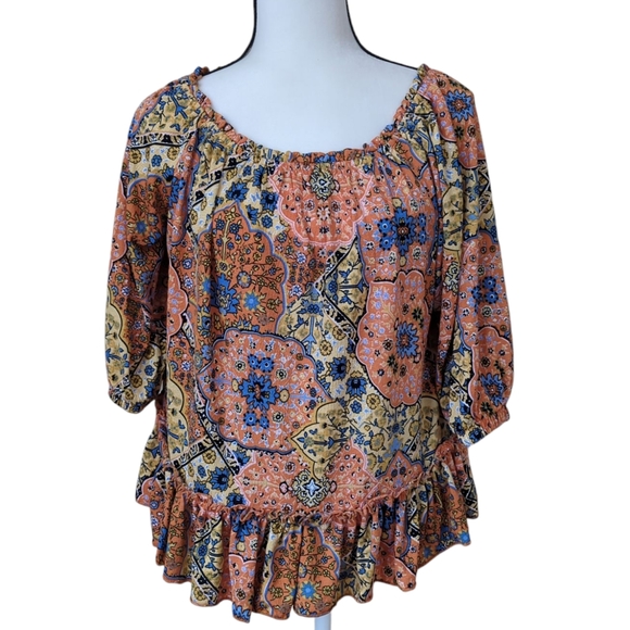 MELLODAY Tops - NWT Melloday Floral Ruffle Off the Shoulder Flowy Boho Top Small Blue Orange